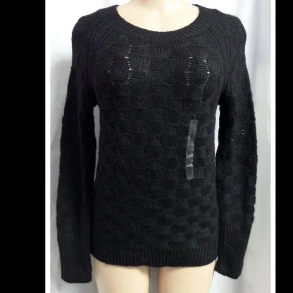 ANN TAYLOR BLACK CABLE KNIT ACADEMIA CASUAL CLASSIC PREPPY WOOL SWEATER SZ L NWT - Picture 2 of 4